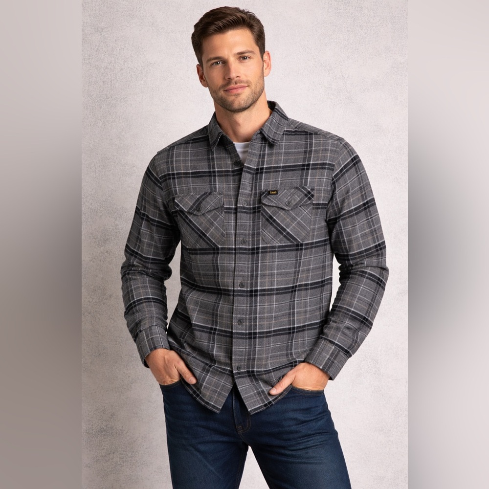 ❄️Lee Men Charcoal Plaid Button Down Shirt size SMALL
